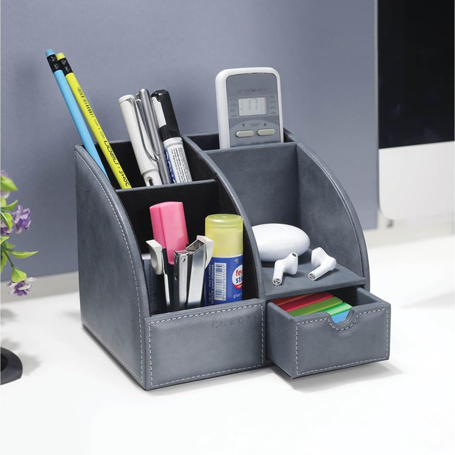 CLADD INTERNATIONAL Vegan Leather Personal Desk Organizer | 4 Compartment & Sliding Drawer | Office Accessories Storage | Table Top Caddy Sort Pen, Pencil, Paper, Mobile, Remote | Blue