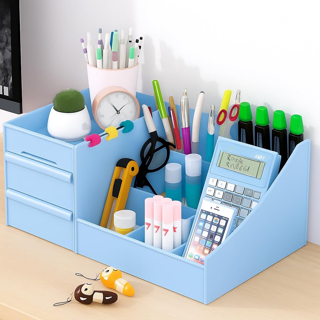 SHUTTLE ART Desk Organizer, Plastic Desktop Organizer with Pencil Holder and Sticky Note Tray, Office Stationery Supplies Organizers Accessories Caddy, 7 Compartments with 2 Drawer (Blue)