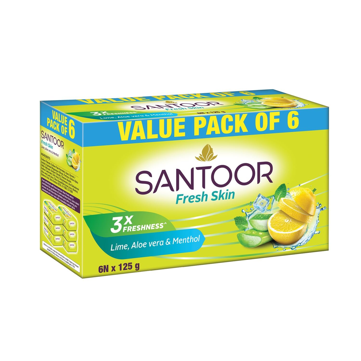 Santoor Fresh Skin Aloe Vera & Lime Bathing Soap with Nourishing & Anti-Aging Properties| For Smooth & Soft and Younger-Looking Skin| For All Skin Types| 125g, Pack of 6